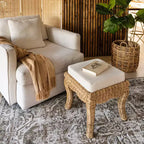 Pouffe/tabouret de coiffeuse tressé en rotin/bois, style bohème, 19,7 pouces, assise coussinée blanche