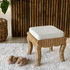 Pouffe/tabouret de coiffeuse tressé en rotin/bois, style bohème, 19,7 pouces, assise coussinée blanche