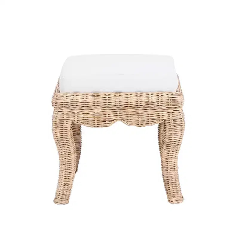 19.7 Bohemian Designer Woven Rattan/Wood Ottoman Vanity Stool, White Cushion Seat
