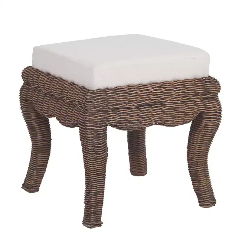 JONATHAN Y Rowan 19.7 Bohemian Designer Woven Rattan/Wood Ottoman Vanity Stool, White Cushion Seat