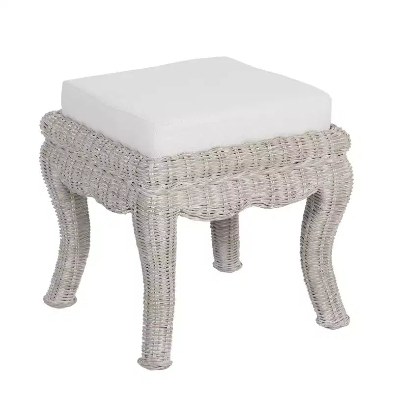19.7 Bohemian Designer Woven Rattan/Wood Ottoman Vanity Stool, White Cushion Seat