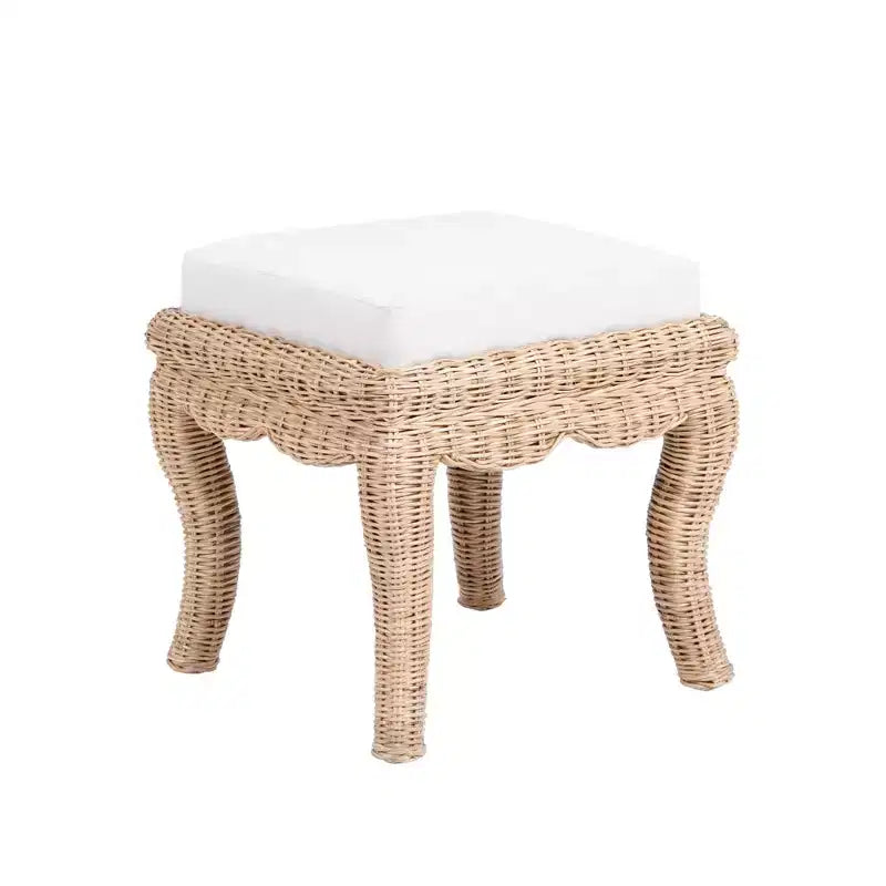 19.7 Bohemian Designer Woven Rattan/Wood Ottoman Vanity Stool, White Cushion Seat