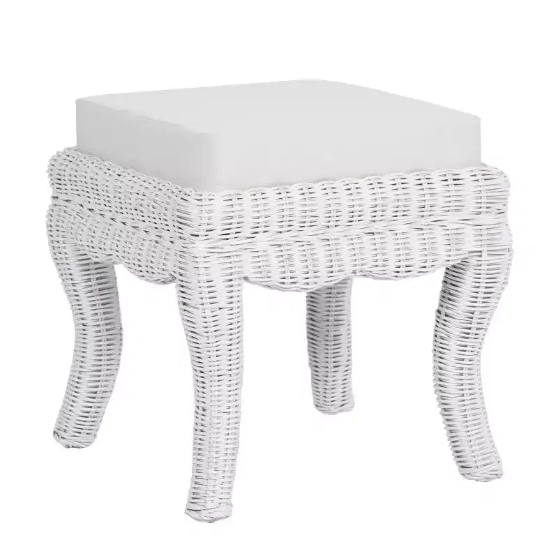 19.7 Bohemian Designer Woven Rattan/Wood Ottoman Vanity Stool, White Cushion Seat
