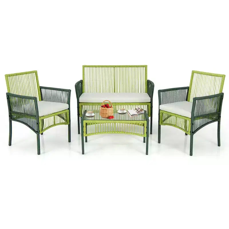 Costway 4PCS/8PCS Patio Round Wicker Conversation Set with Cushions Tempered Glass SideTable