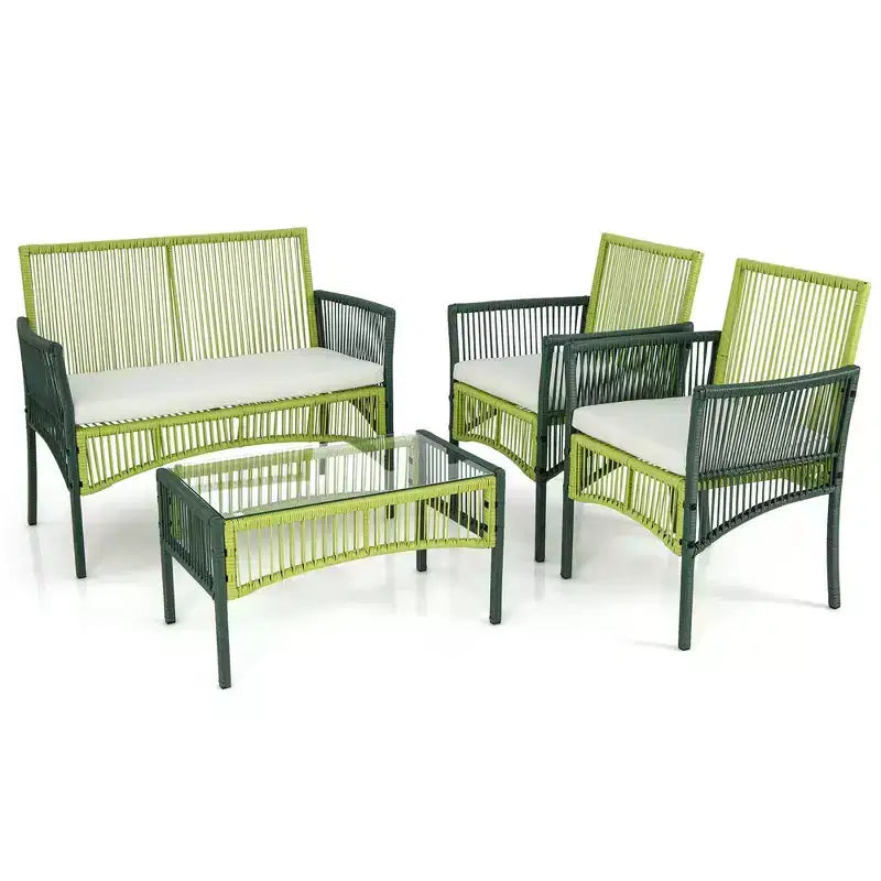 Ensemble de conversation en osier rond pour patio Costway, 4 ou 8 pièces, avec coussins et table d'appoint en verre trempé