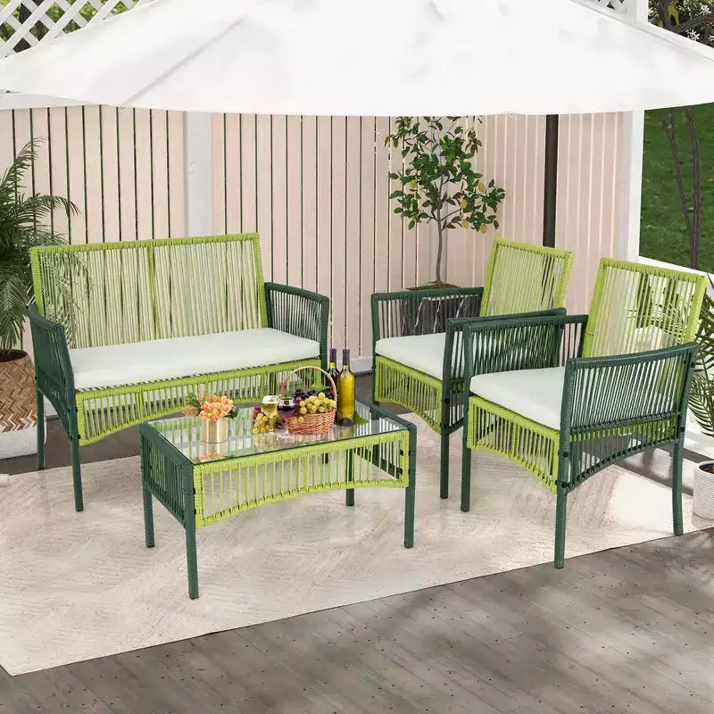 Ensemble de conversation en osier rond pour patio Costway, 4 ou 8 pièces, avec coussins et table d'appoint en verre trempé