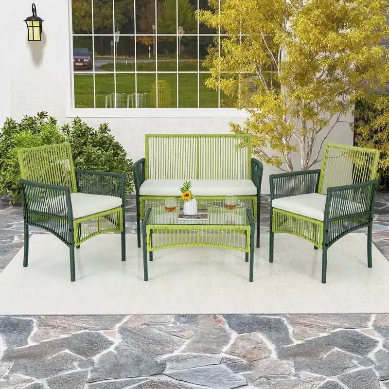 Ensemble de conversation en osier rond pour patio Costway, 4 ou 8 pièces, avec coussins et table d'appoint en verre trempé
