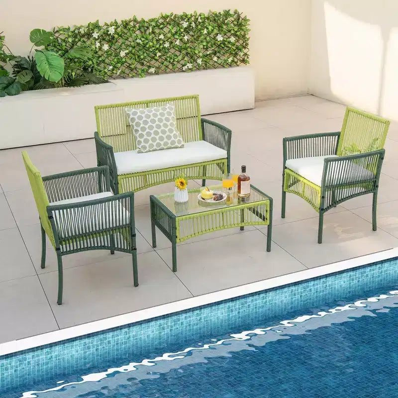Ensemble de conversation en osier rond pour patio Costway, 4 ou 8 pièces, avec coussins et table d'appoint en verre trempé