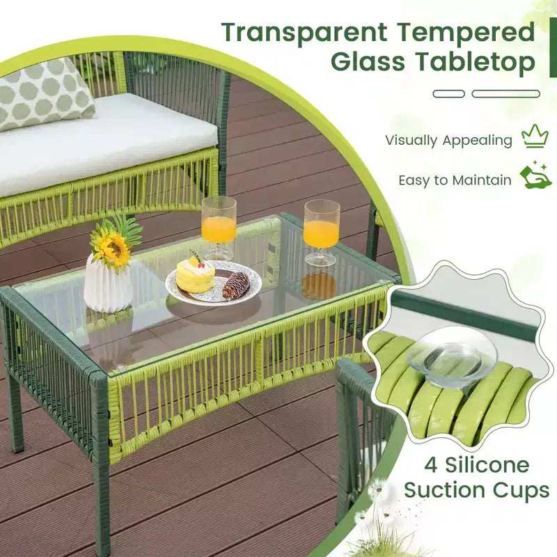 Ensemble de conversation en osier rond pour patio Costway, 4 ou 8 pièces, avec coussins et table d'appoint en verre trempé