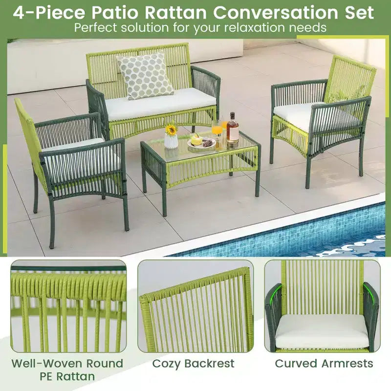 Ensemble de conversation en osier rond pour patio Costway, 4 ou 8 pièces, avec coussins et table d'appoint en verre trempé