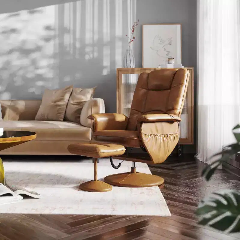 Massaging Multi-Position Recliner with Deep Side Pockets and Ottoman with Wrapped Base