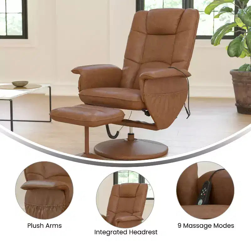 Fauteuil inclinable massant multiposition avec poches latérales profondes et ottoman avec base enveloppée
