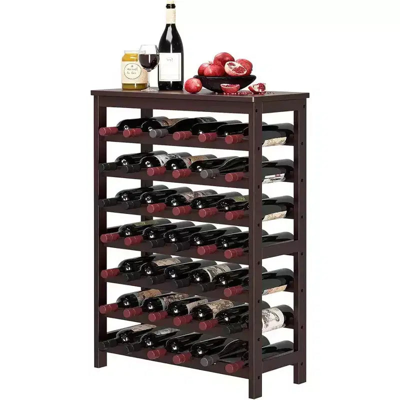 SONGMICS 42-Bottle Wine Rack Free Standing Floor, 7-Tier Display Wine Storage Shelves with Table Top, Bamboo Wobble-Free Bottle Holder