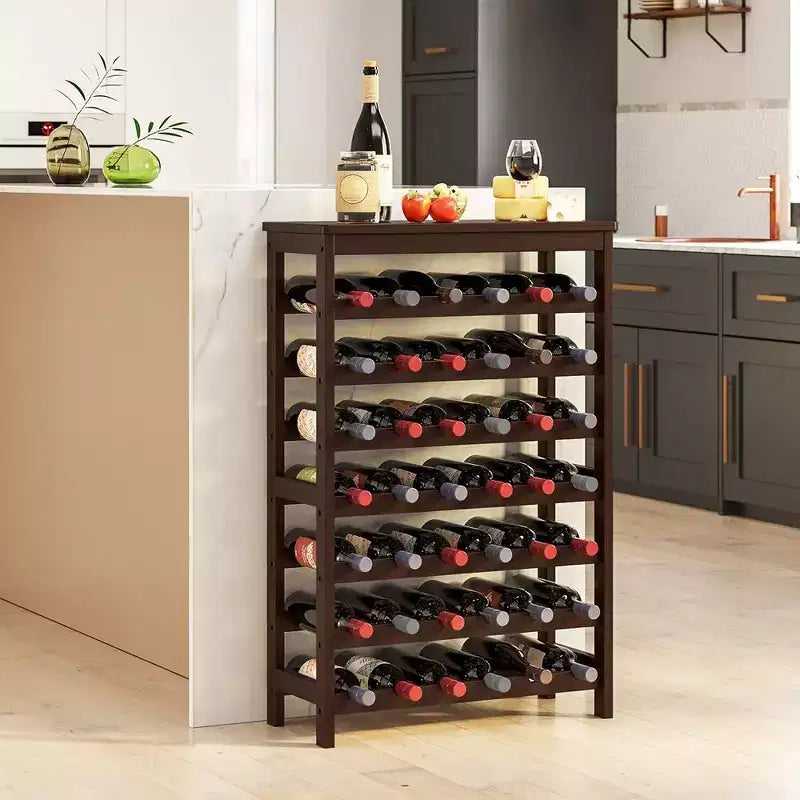 Range-bouteilles 42 bouteilles sur pied, étagère à vin 7 niveaux avec plateau de table, porte-bouteilles en bambou anti-oscillation