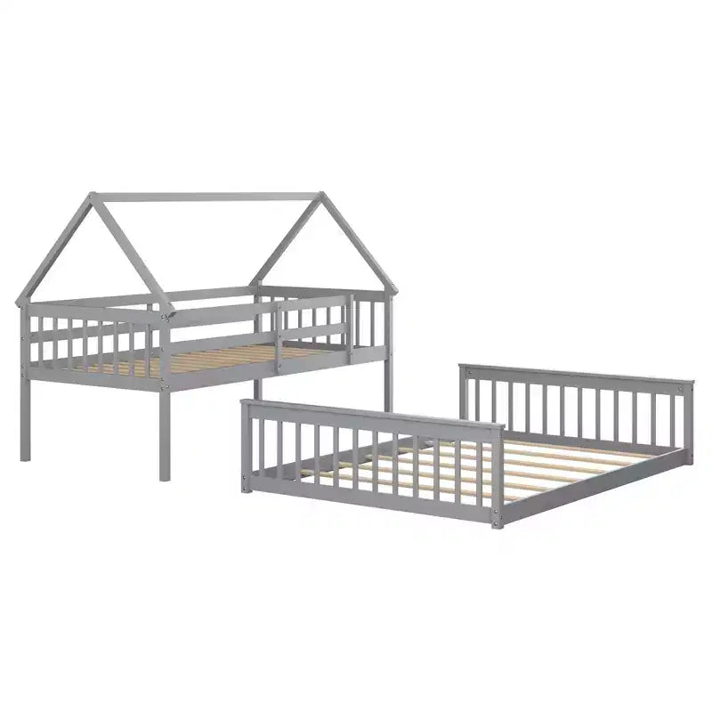 Lit superposé maison double sur grand format avec échelle et barrières de sécurité convertible en 2 lits