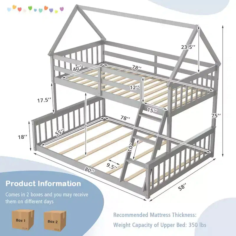 Twin Over Full House Bunk Bed with Ladder & Guardrails Convertible to 2 Beds