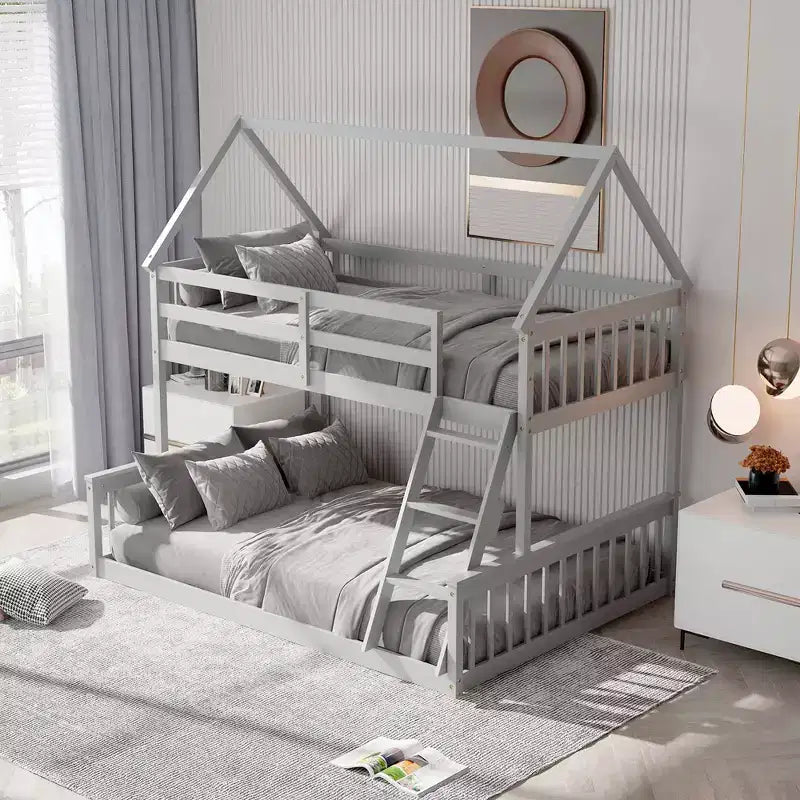 Twin Over Full House Bunk Bed with Ladder & Guardrails Convertible to 2 Beds
