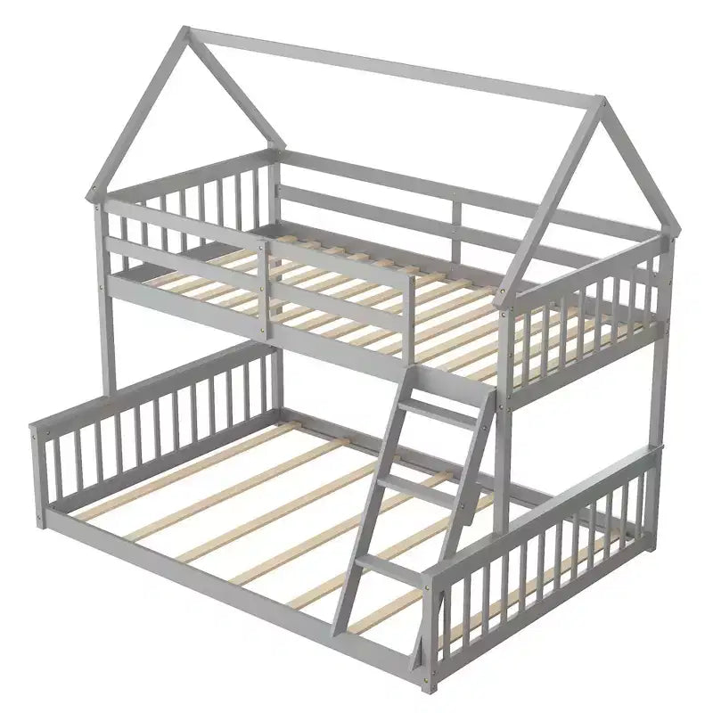 Lit superposé maison double sur grand format avec échelle et barrières de sécurité convertible en 2 lits