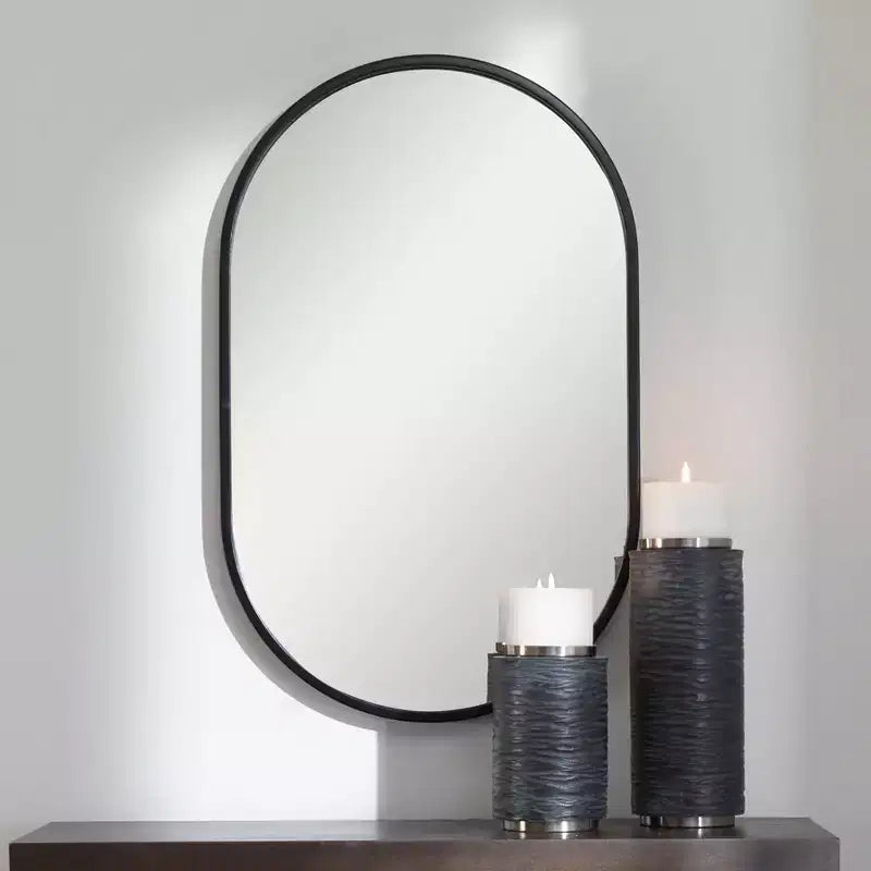 Oval Vanity Decorative Wall Mirror Modern Satin Black Iron Frame 20 Wide for Bathroom Bedroom Living Room Entryway