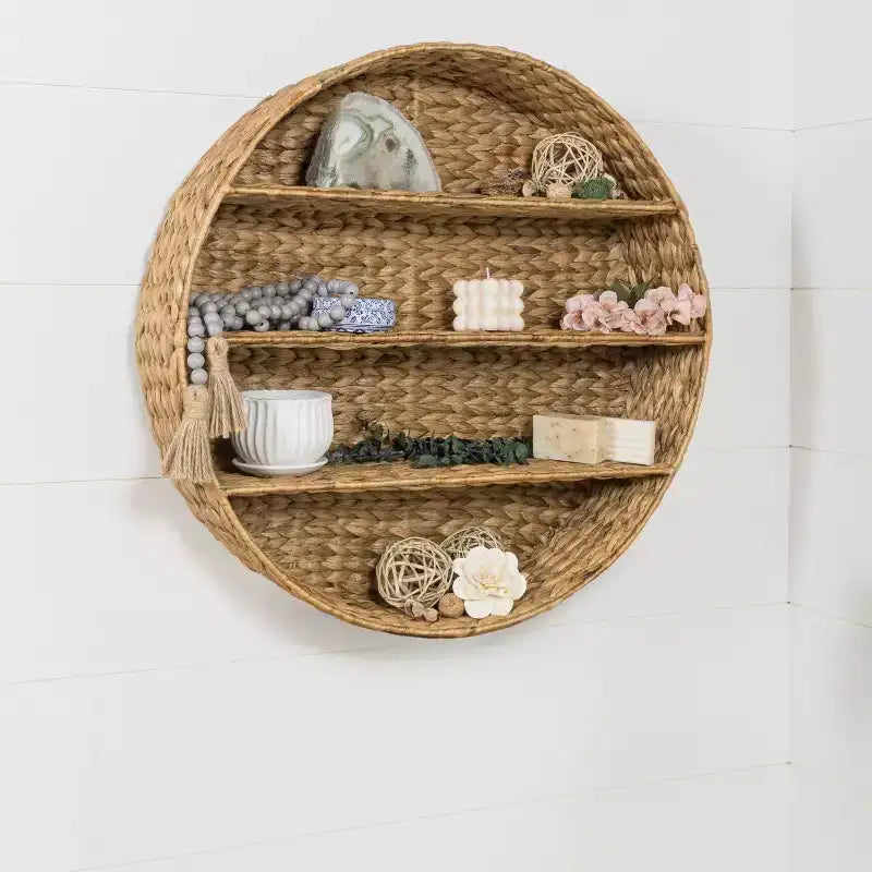 24.5 3-Shelf Circular Handwoven Hyacinth Wall Rack, Natural