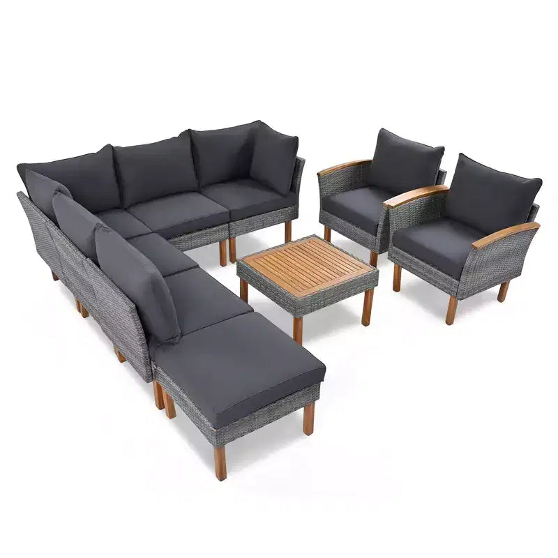 Ensemble de conversation extérieur en rotin 9 pièces, salon de jardin avec table basse et coussin lavable, gris-ModernLuxe