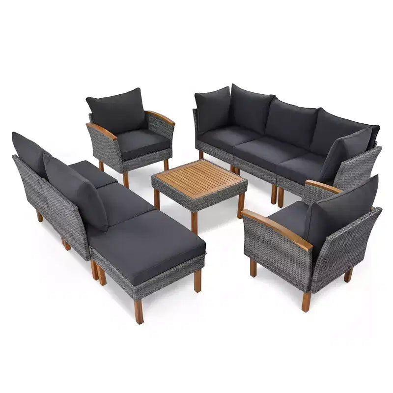 Ensemble de conversation extérieur en rotin 9 pièces, salon de jardin avec table basse et coussin lavable, gris-ModernLuxe