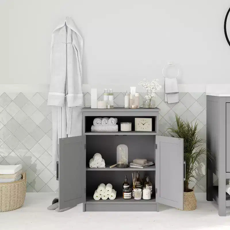 Bathroom Storage Cabinet with Adjustable Cabinet Shelf, Upper Open Shelf, and Magnetic Closure Doors