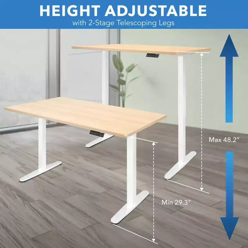 Bureau assis-debout électrique à deux moteurs avec plateau de 55 pouces, érable et blanc