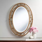 Miroir mural de courtoisie ovale, vintage français, verre biseauté, vigne fleurie, cadre en métal doré, 24 po de large pour salle de bain à domicile