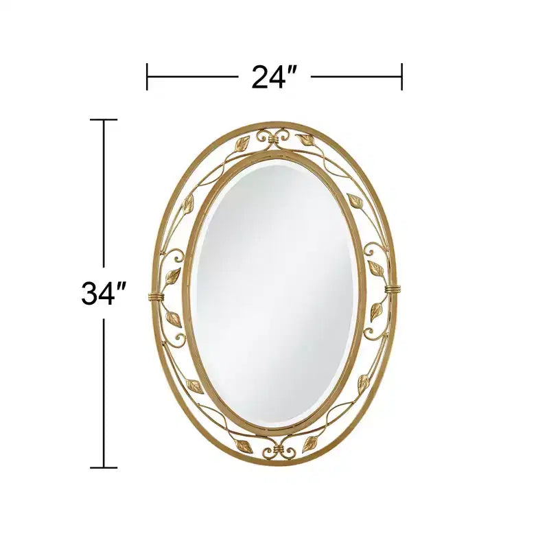 Miroir mural de courtoisie ovale, vintage français, verre biseauté, vigne fleurie, cadre en métal doré, 24 po de large pour salle de bain à domicile