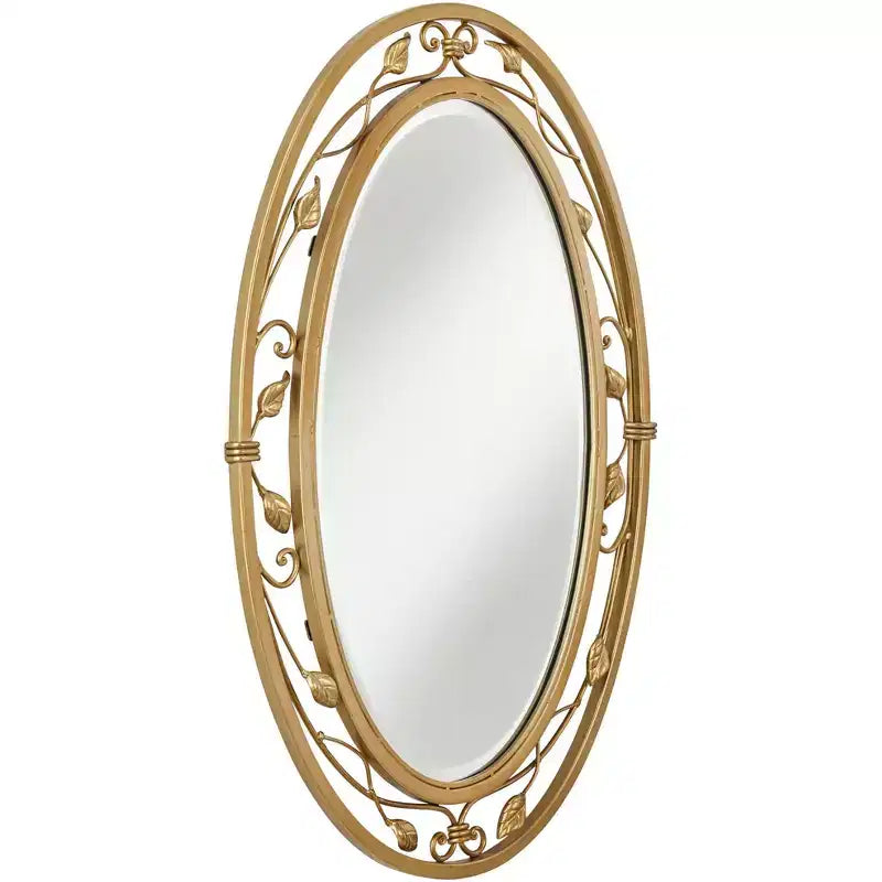 Miroir mural de courtoisie ovale, vintage français, verre biseauté, vigne fleurie, cadre en métal doré, 24 po de large pour salle de bain à domicile