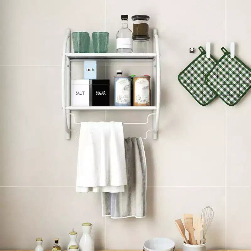 Étagère murale de salle de bain avec porte-serviettes à 2 niveaux et 2 barres de serviettes pour hôtel Blanc/Argent