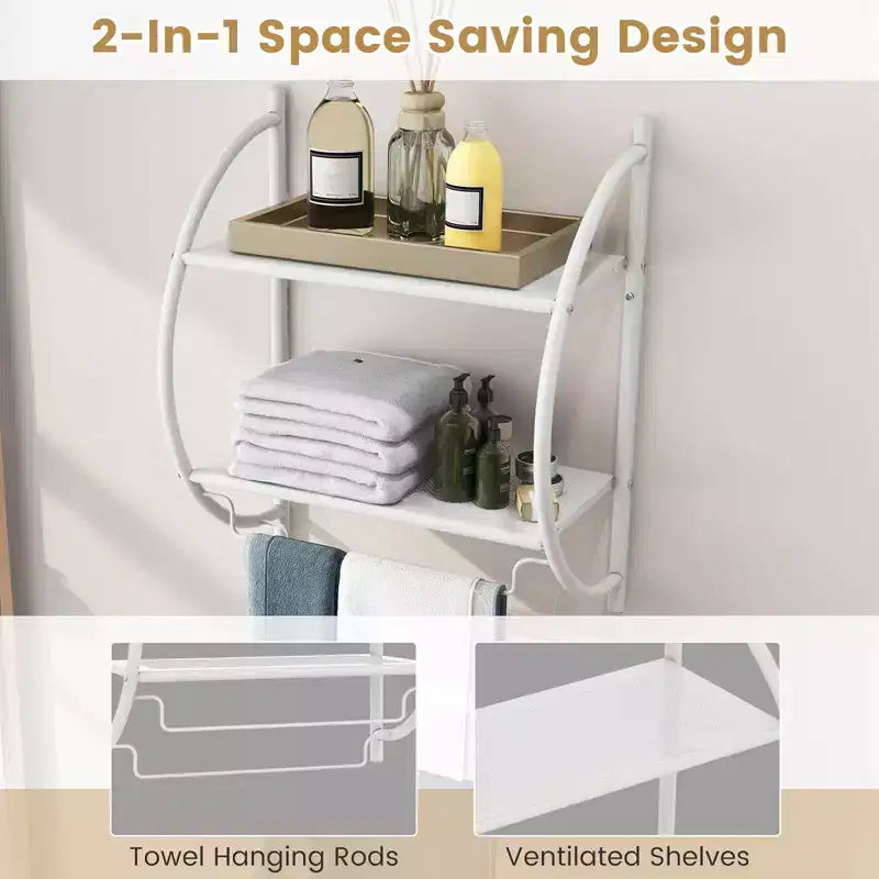 Étagère murale de salle de bain avec porte-serviettes à 2 niveaux et 2 barres de serviettes pour hôtel Blanc/Argent