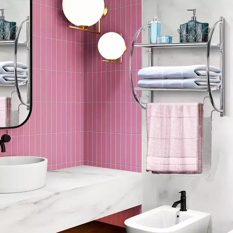 Wall Mounted Bathroom Shelf with 2 Tier Bathroom Towel Rack 2 Towel Bars for Hotel White/Sliver