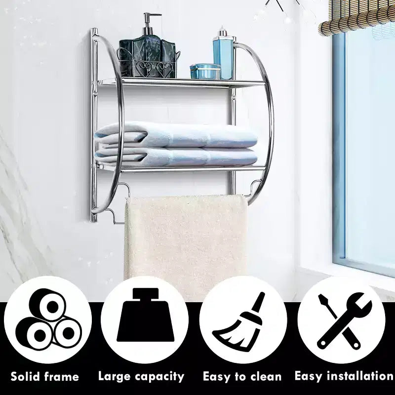 Étagère murale de salle de bain avec porte-serviettes à 2 niveaux et 2 barres de serviettes pour hôtel Blanc/Argent