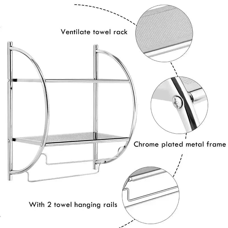 Étagère murale de salle de bain avec porte-serviettes à 2 niveaux et 2 barres de serviettes pour hôtel Blanc/Argent