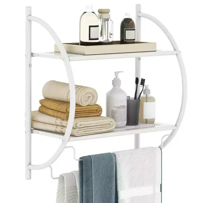 Wall Mounted Bathroom Shelf with 2 Tier Bathroom Towel Rack 2 Towel Bars for Hotel White/Sliver