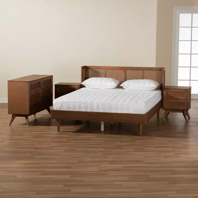 Ensemble de chambre à coucher Baxton Studio Rina en bois de noyer de style moderne du milieu du siècle avec rotin synthétique