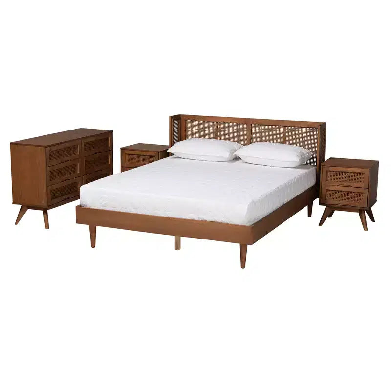 Ensemble de chambre à coucher Baxton Studio Rina en bois de noyer de style moderne du milieu du siècle avec rotin synthétique