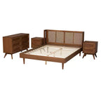 Ensemble de chambre à coucher Baxton Studio Rina en bois de noyer de style moderne du milieu du siècle avec rotin synthétique