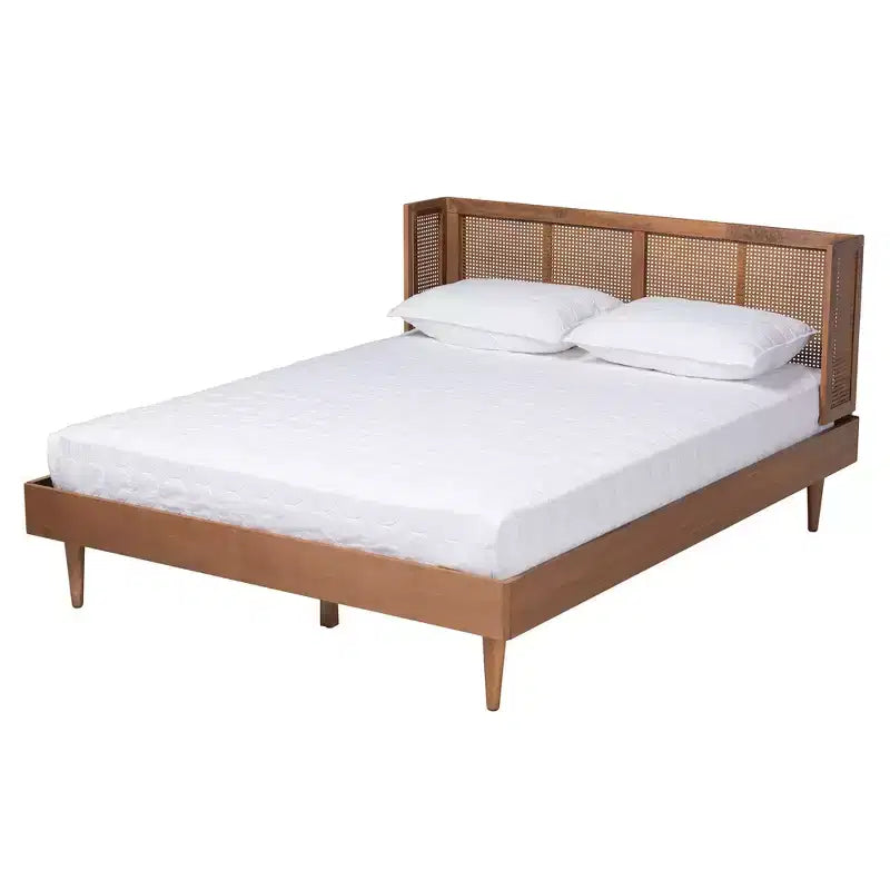 Ensemble de chambre à coucher Baxton Studio Rina en bois de noyer de style moderne du milieu du siècle avec rotin synthétique