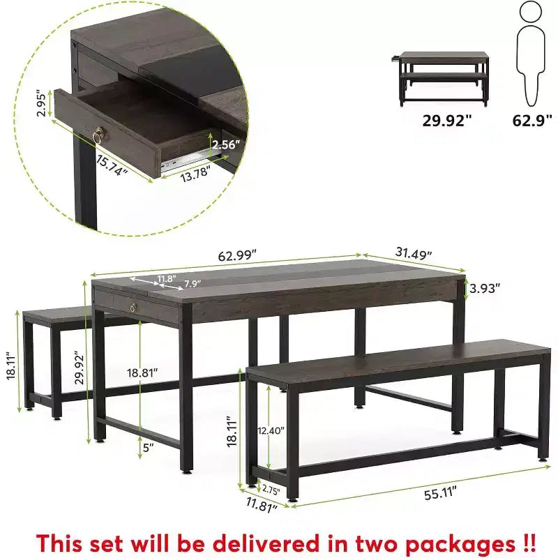 Tribesigns Ensemble table de salle à manger, table de cuisine avec 2 bancs et tiroir latéral pour 4-6 personnes