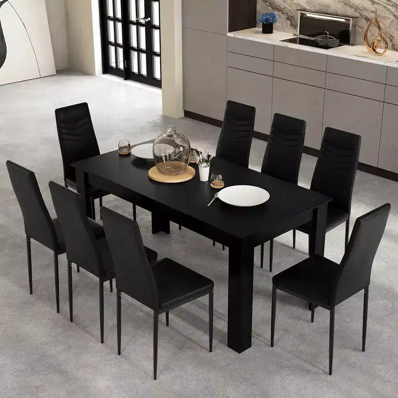 Ensemble de table de cuisine rectangulaire moderne Costway avec 8 chaises de salle à manger en cuir PVC noir