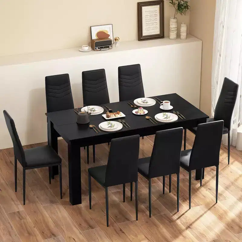 Ensemble de table de cuisine rectangulaire moderne Costway avec 8 chaises de salle à manger en cuir PVC noir