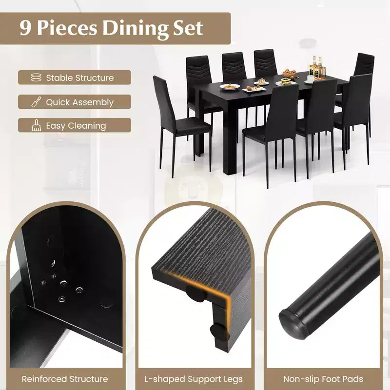 Ensemble de table de cuisine rectangulaire moderne Costway avec 8 chaises de salle à manger en cuir PVC noir
