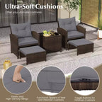 Costway Ensemble de Meubles de Patio en Rotin 5 Pièces avec 2 Ottomans et Table Basse en Verre Trempé Noir/Blanc Cassé/Bleu Marine/Rouge/Gris