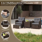 Costway Ensemble de Meubles de Patio en Rotin 5 Pièces avec 2 Ottomans et Table Basse en Verre Trempé Noir/Blanc Cassé/Bleu Marine/Rouge/Gris