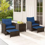 Costway Ensemble de Meubles de Patio en Rotin 5 Pièces avec 2 Ottomans et Table Basse en Verre Trempé Noir/Blanc Cassé/Bleu Marine/Rouge/Gris