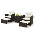 Costway Ensemble de Meubles de Patio en Rotin 5 Pièces avec 2 Ottomans et Table Basse en Verre Trempé Noir/Blanc Cassé/Bleu Marine/Rouge/Gris