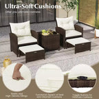 Costway Ensemble de Meubles de Patio en Rotin 5 Pièces avec 2 Ottomans et Table Basse en Verre Trempé Noir/Blanc Cassé/Bleu Marine/Rouge/Gris